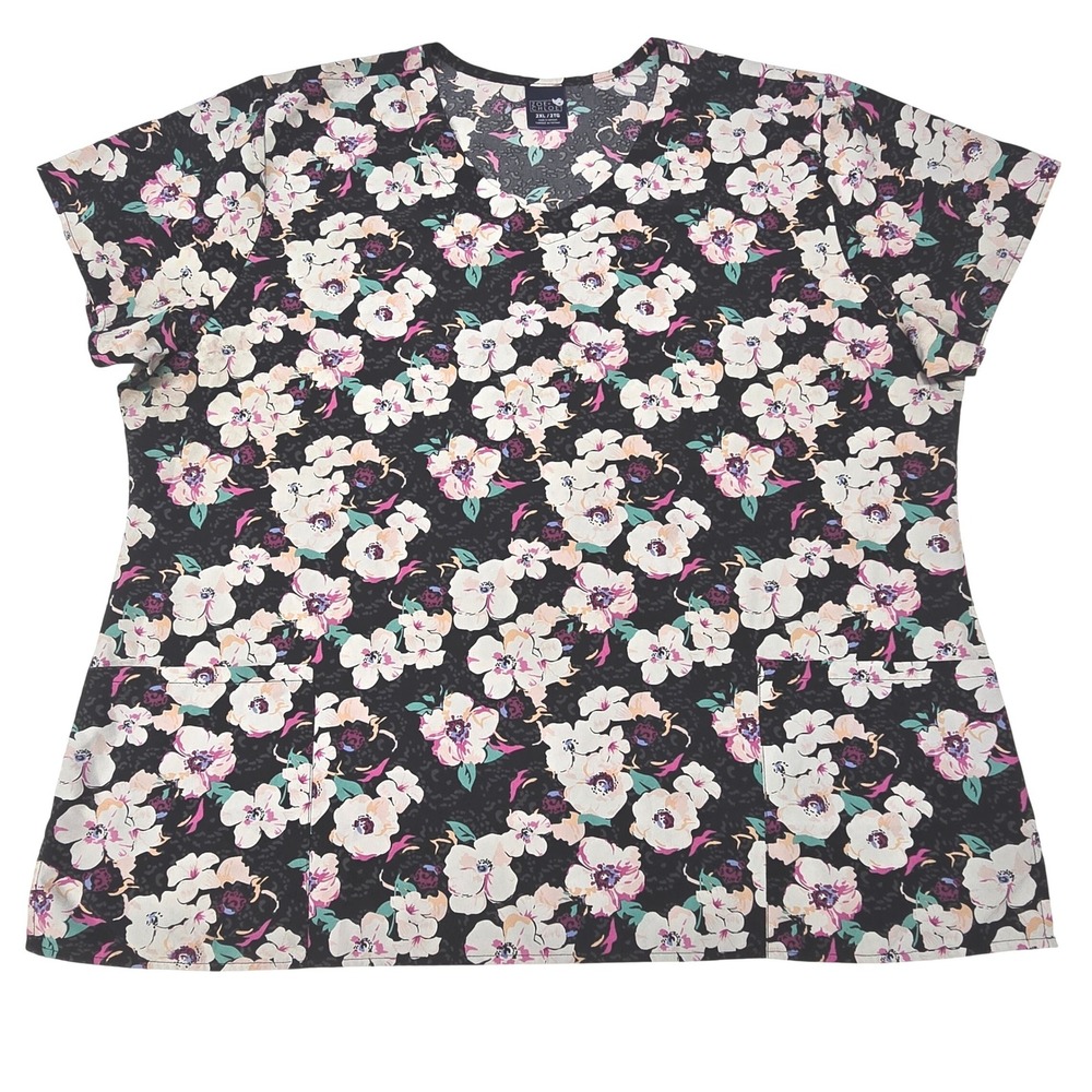 Zoe + Chloe Floral Leopard Scrub Top Womens 2XL V-Neck Medical Uniform Black